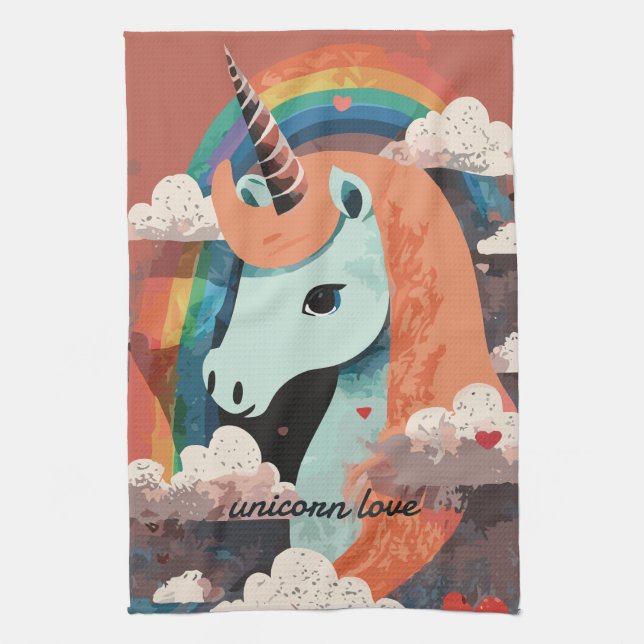 Unicorn under Rainbow & Among Hearts Tea Towel (Vertical)
