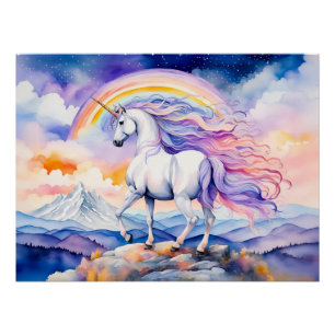 Unicorn Under Soft Pastel Rainbow Clouds Poster