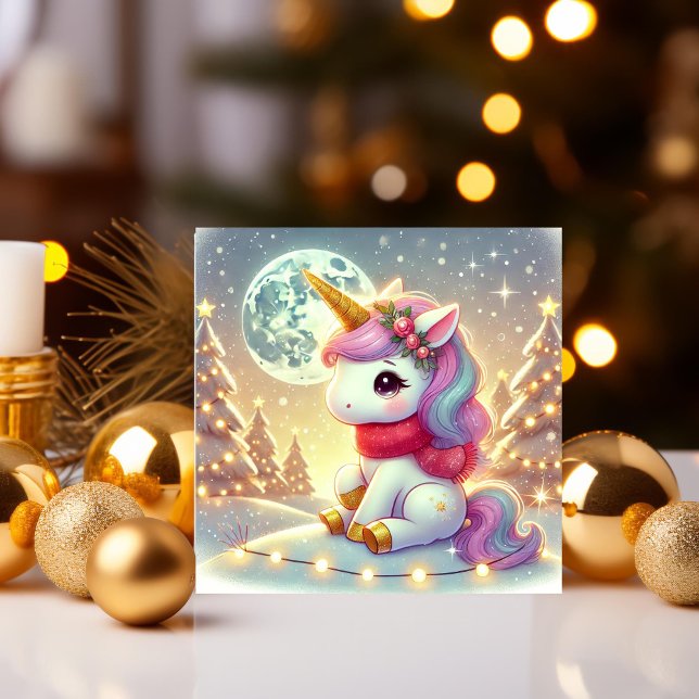Unicorn Under the Moonlit Christmas Sky Holiday Card (Creator Uploaded)