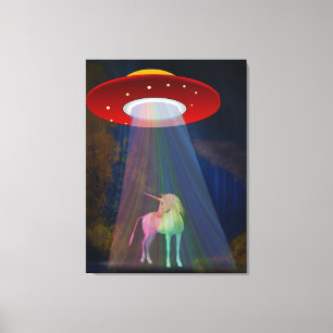 Unicorn Under UFO Rainbow Beam at Night Canvas Print