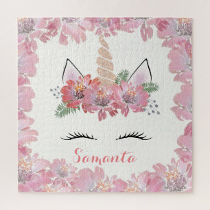 Unicorn, Unicorn Face, personalised, girly, floral Jigsaw Puzzle