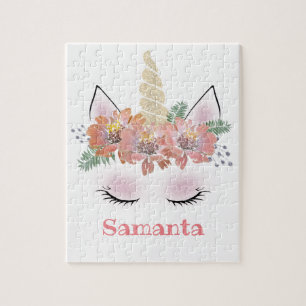 Unicorn, Unicorn Face, personalized, girly, floral Jigsaw Puzzle