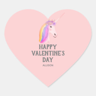 Unicorn Valentines Day Blush Pink Personalised Heart Sticker