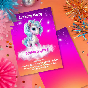 Unicorn Vibrant orange,pink,purple birthday party Invitation