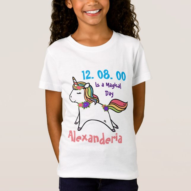 Unicorn w/ rainbow purple pink flowers Birthday T-Shirt (Front)