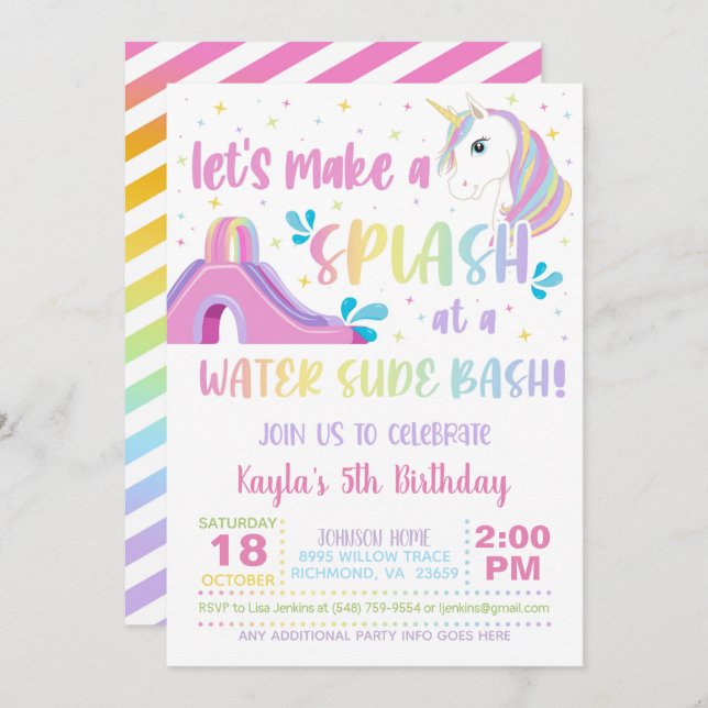 Unicorn Water Slide Birthday Invitation (Front/Back)