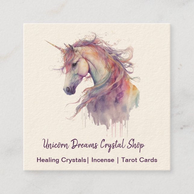 Unicorn Watercolor Drips Square Business Card (Front)