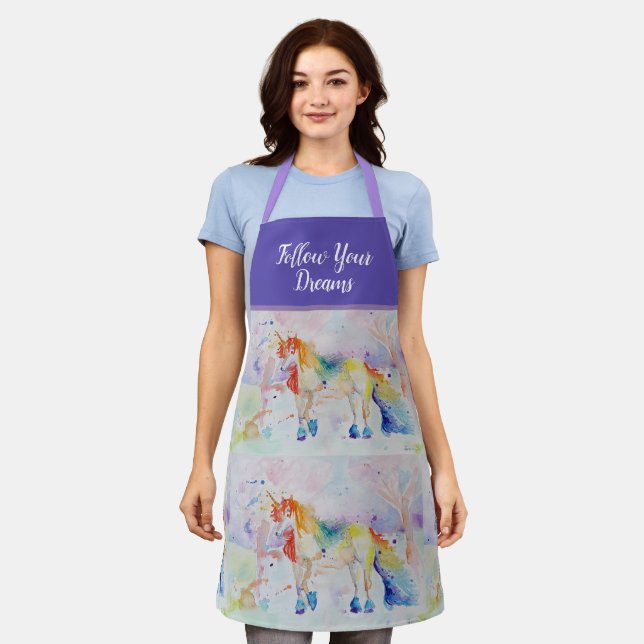 Unicorn Watercolor Painting Dreams Purple  Apron (Worn)