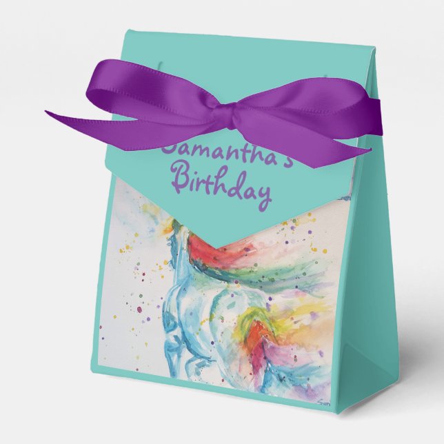 Unicorn Watercolour Birthday Party Cake Favour Box (Front Side)