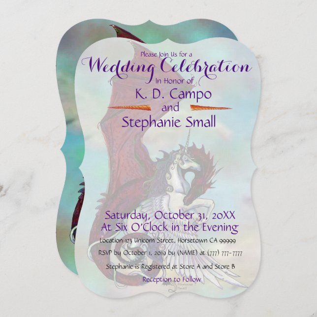 Unicorn Wedding Celebration Invitation Dragon Red (Front/Back)
