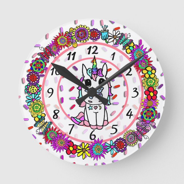 Unicorn Whimsical Folk Art Girl's Round Clock (Front)