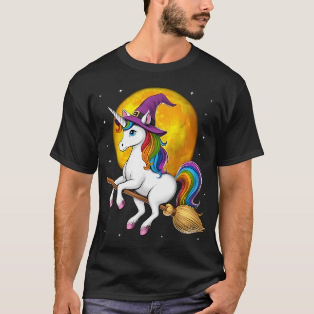 Unicorn Witch Riding Broom T-Shirt (Front)