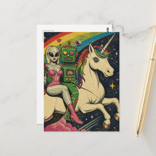 Unicorn With Alien and a Robot in Love Postcard