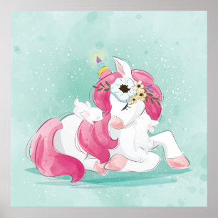 Unicorn with baby bunnies poster