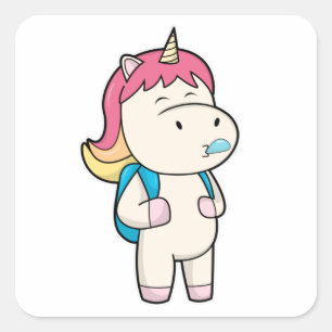 Unicorn with Backback & Chewing gum Square Sticker