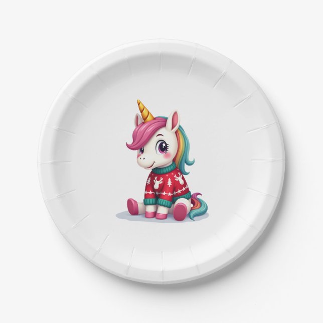 Unicorn with Christmas Sweater Unicorn Girls Chris Paper Plate (Front)