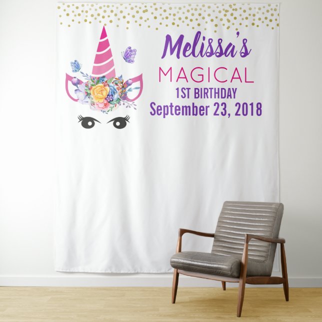 Unicorn with Confetti Birthday Photo Backdrop Tapestry (In Situ)