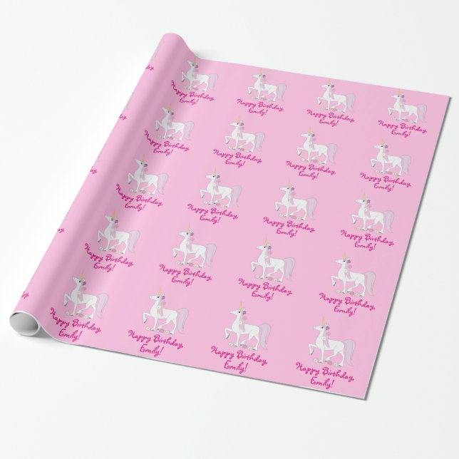 Unicorn with Daisies Birthday Name Customisable Wrapping Paper (Unrolled)