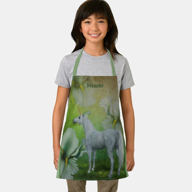 Unicorn With Fantasy Flowers Personalised Apron (Insitu)