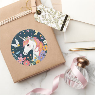 Unicorn with Flowers and Butterflies Classic Round Sticker