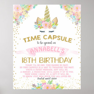 Unicorn with Flowers First Birthday Time Capsule S Poster