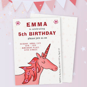 Unicorn with Flowers Girl`s Birthday Party  Invitation