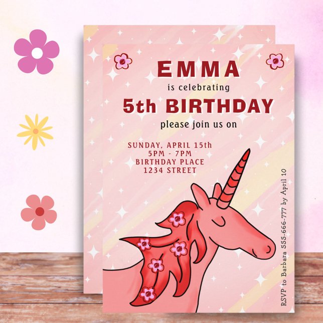 Unicorn with Flowers Girl`s Birthday Party Invitation (Creator Uploaded)