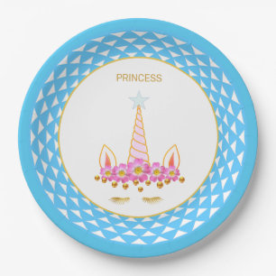 Unicorn with flowers & gold confetti on light blue paper plate