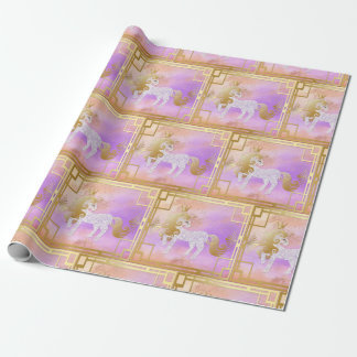 Unicorn with gold crown on a pink violet rose gold wrapping paper
