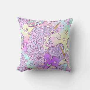 Unicorn with multicolored mane, butterfly rainbow, cushion