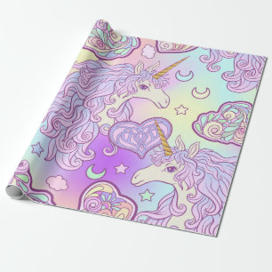 Unicorn with multicolored mane, butterfly rainbow, wrapping paper