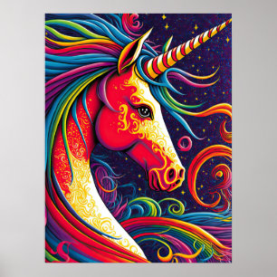 Unicorn with Rainbow Mane and Starry Night Poster