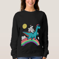 unicorn with sunglasses riding a dinosaur and rain