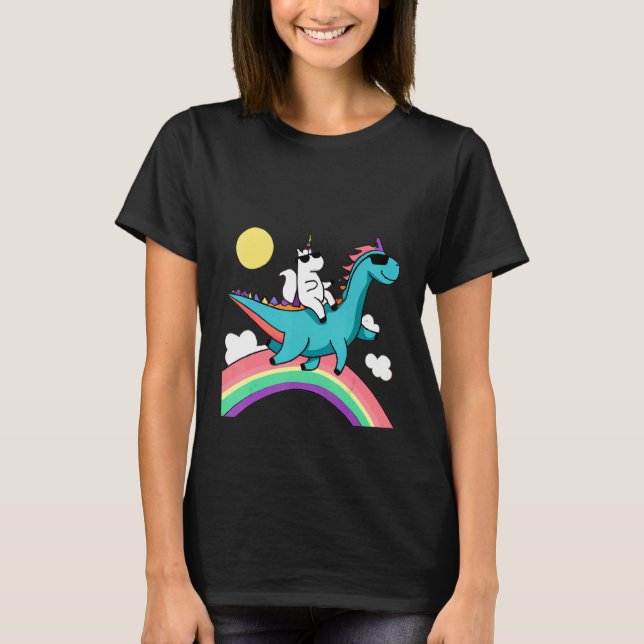 unicorn with sunglasses riding a dinosaur and rain T-Shirt (Front)