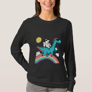 unicorn with sunglasses riding a dinosaur and rain T-Shirt