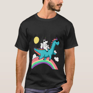 unicorn with sunglasses riding a dinosaur and rain T-Shirt
