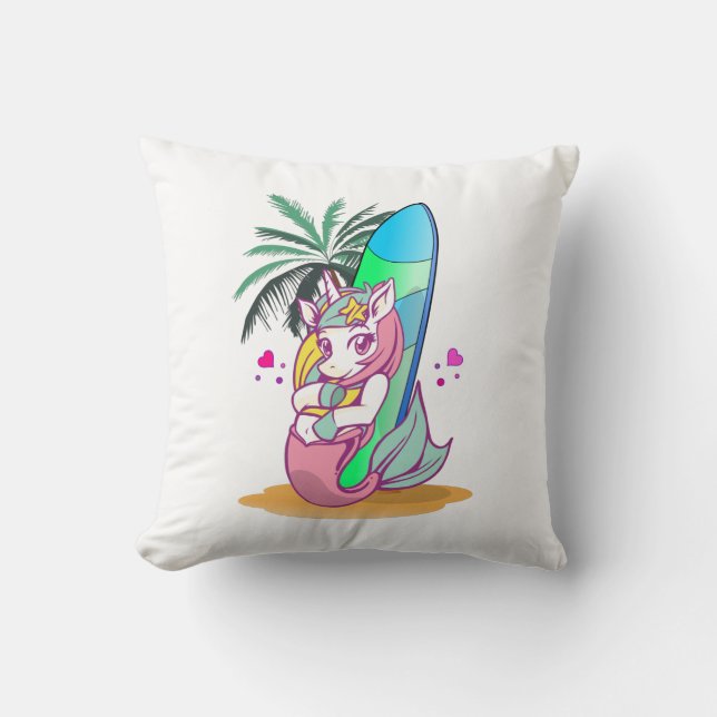Unicorn with surfboard on the beach cushion (Front)