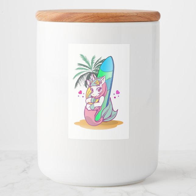 Unicorn with surfboard on the beach food label (Front)
