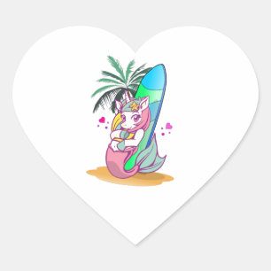 Unicorn with surfboard on the beach heart sticker