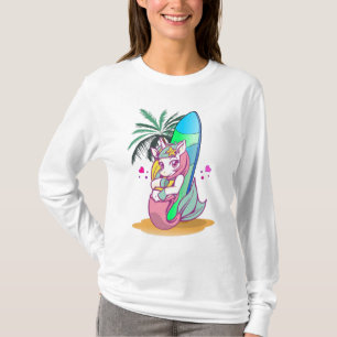 Unicorn with surfboard on the beach T-Shirt