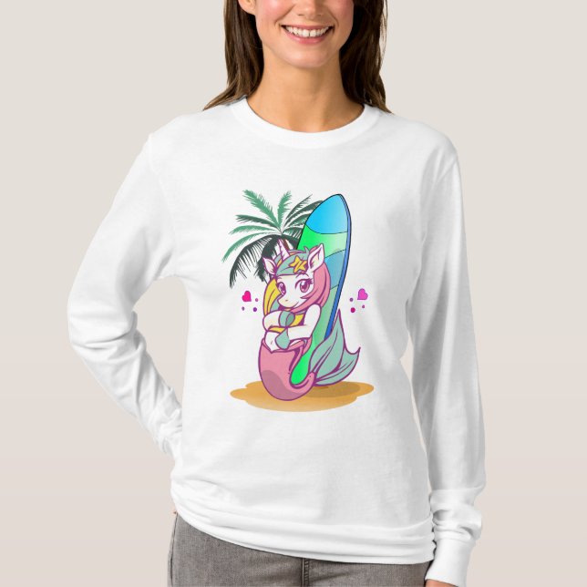 Unicorn with surfboard on the beach T-Shirt (Front)