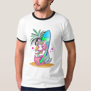 Unicorn with surfboard on the beach T-Shirt