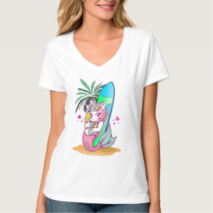 Unicorn with surfboard on the beach T-Shirt