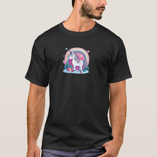 Unicorn With Trees And Presents Design Christmas U T-Shirt (Front)
