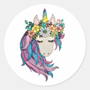 Unicorn With Wildflowers In Watercolor Classic Round Sticker