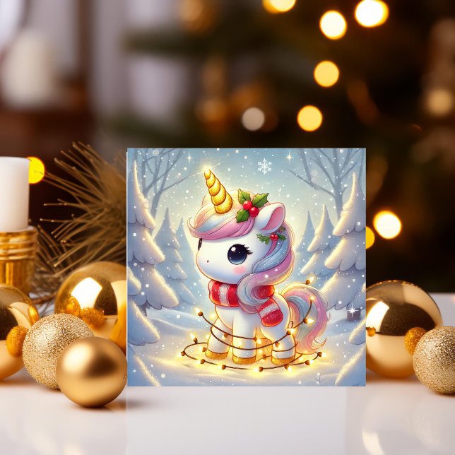 Unicorn Wrapped in Golden Christmas Lights Holiday Card (Creator Uploaded)