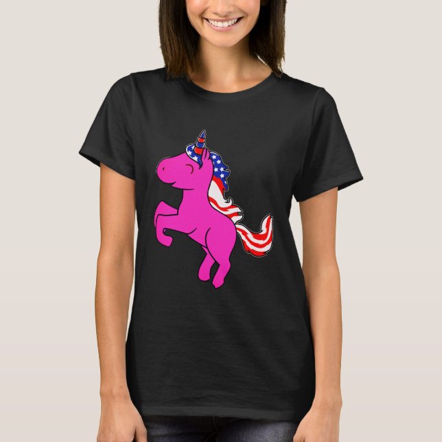 Unicorn Yarrow Pink Patriotic USA Flag Mane Art T-Shirt (Front)