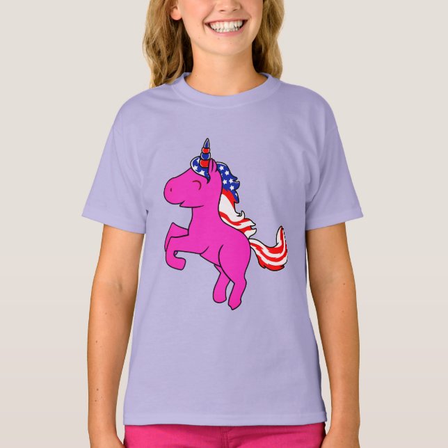 Unicorn Yarrow Pink Patriotic USA Flag Mane Art T-Shirt (Front)