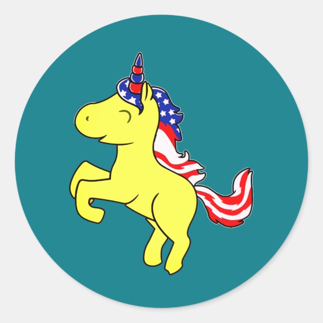 Unicorn Yellow Patriotic USA Flag Mane Cartoon Classic Round Sticker (Front)