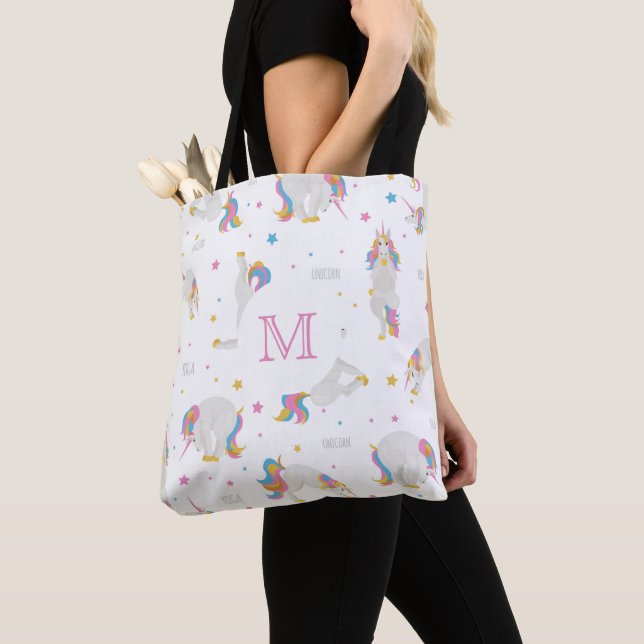 Unicorn yoga fun smile white monogram tote bag (Close Up)